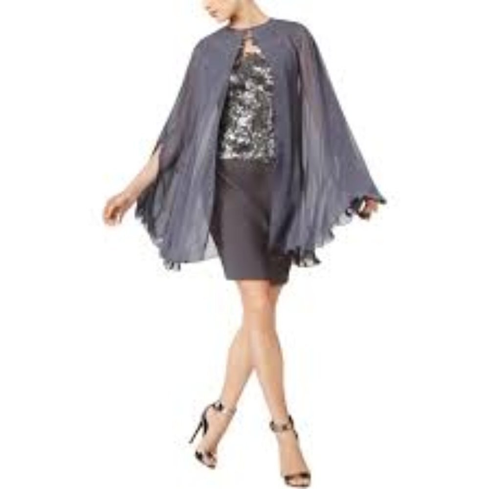 NWT 2 Pc Tahari Sequin Bodice Cocktail Dress +Cape Size 6 Pewter Gray‎ Evening
